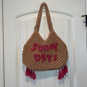 Macrame woven beach tote bag purse pink Sunny Days hippie boho tassels New